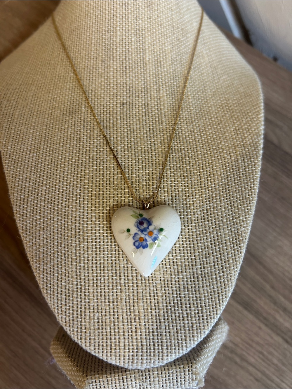 Porcelain Floral Heart Pendant Necklace with Hand Painted & Gold Chain